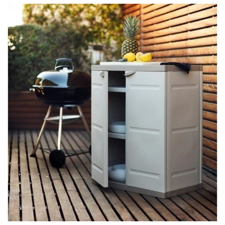 TITANIUM PLASTIKEN Armoire basse 2 portes avec étageres l70 x p44 x h88 cm Beige et Taupe Gamme TITANIUM Intérieur/Extérieur TITANIUM PLASTIKEN Armoire basse 2 portes avec étageres l70 x p44 x h88 cm Beige et Taupe Gamme TITANIUM Intérieur/Extérieur