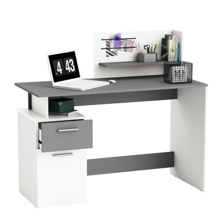 Bureau droit - Blanc et gris - Contemporain - L 121,5 x H 109,7 x P 55,1 cm - 1 porte 1 tiroir - PLATON Bureau droit - Blanc et gris - Contemporain - L 121,5 x H 109,7 x P 55,1 cm - 1 porte 1 tiroir - PLATON