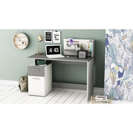 Bureau droit - Blanc et gris - Contemporain - L 121,5 x H 109,7 x P 55,1 cm - 1 porte 1 tiroir - PLATON