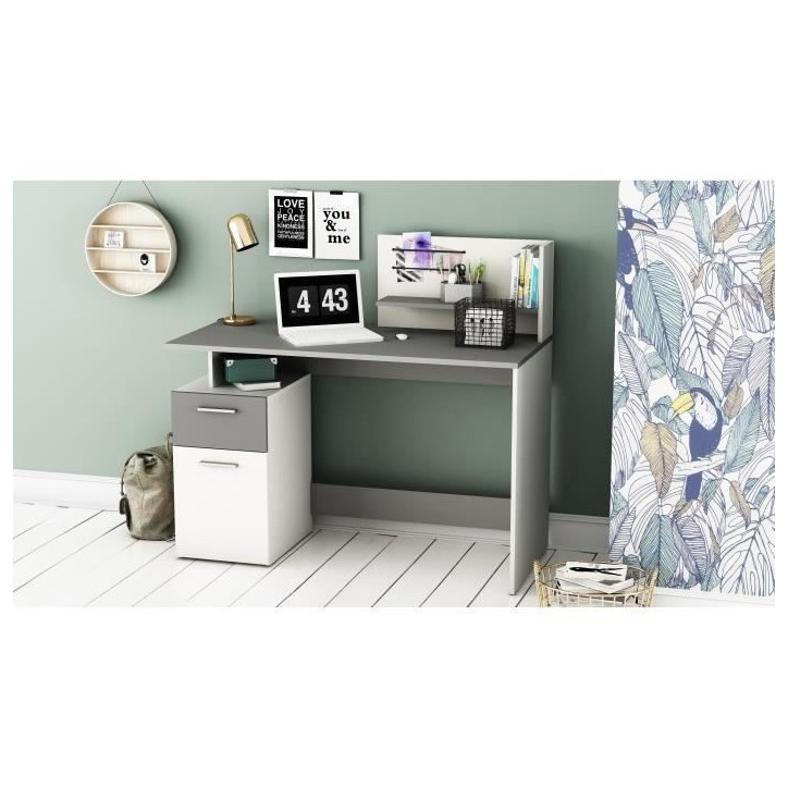Bureau droit - Blanc et gris - Contemporain - L 121,5 x H 109,7 x P 55,1 cm - 1 porte 1 tiroir - PLATON Bureau droit - Blanc et gris - Contemporain - L 121,5 x H 109,7 x P 55,1 cm - 1 porte 1 tiroir - PLATON