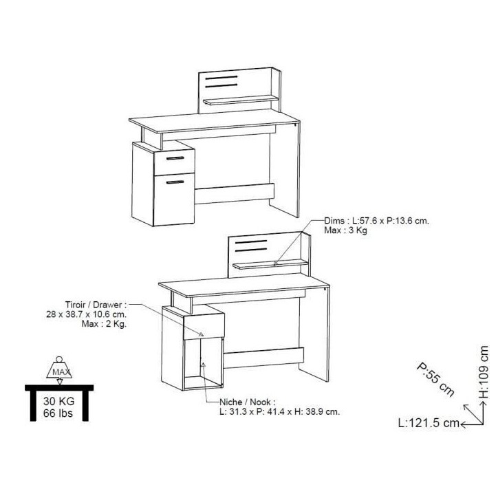 Bureau droit - Blanc et gris - Contemporain - L 121,5 x H 109,7 x P 55,1 cm - 1 porte 1 tiroir - PLATON Bureau droit - Blanc et gris - Contemporain - L 121,5 x H 109,7 x P 55,1 cm - 1 porte 1 tiroir - PLATON