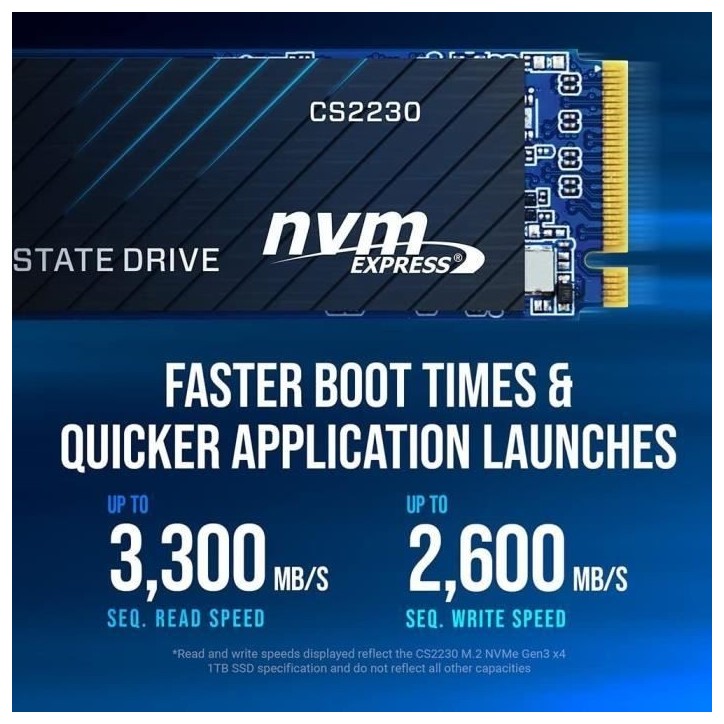 PNY CS2230 500GB SSD Interne M.2 NVMe Gen3, jusqu'a 3300MB/s - M280CS2230-500-RB PNY CS2230 500GB SSD Interne M.2 NVMe Gen3, jusqu'a 3300MB/s - M280CS2230-500-RB
