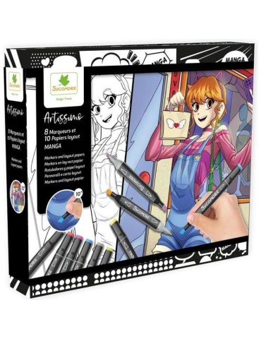 Coffret créatif manga fille - Sycomore - 10 papiers layout imprimés avec 8 marqueurs