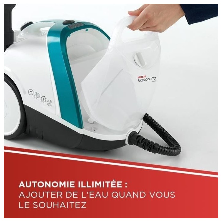 POLTI VAPORETTO SMART 100 T - Nettoyeur vapeur - autonomie illimitée - 4 BAR - 110g/min - 1500W - 9 accessoires - Turquoise POLTI VAPORETTO SMART 100 T - Nettoyeur vapeur - autonomie illimitée - 4 BAR - 110g/min - 1500W - 9 accessoires - Turquoise