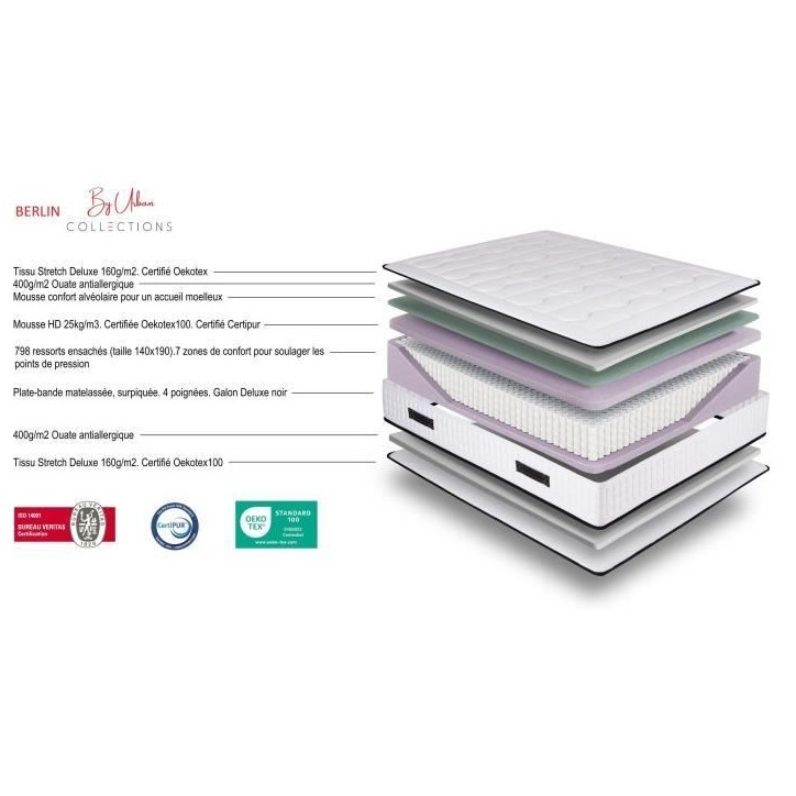URBAN Collections BERLIN Matelas 140 x 190cm - 792 ressorts ensachés - 7 zones de confort - 30 cm - Ferme URBAN Collections BERLIN Matelas 140 x 190cm - 792 ressorts ensachés - 7 zones de confort - 30 cm - Ferme