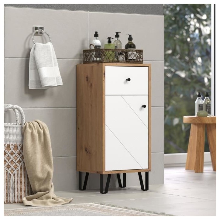 Meuble de salle de bain - Touch - Armoire - Blanc mat - Chene décor - Contemporain Meuble de salle de bain - Touch - Armoire - Blanc mat - Chene décor - Contemporain