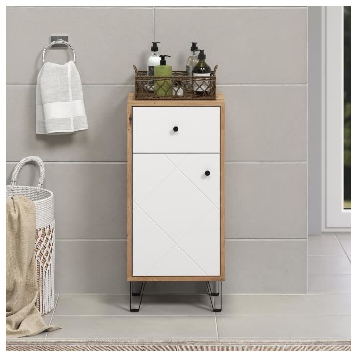 Meuble de salle de bain - Touch - Armoire - Blanc mat - Chene décor - Contemporain Meuble de salle de bain - Touch - Armoire - Blanc mat - Chene décor - Contemporain