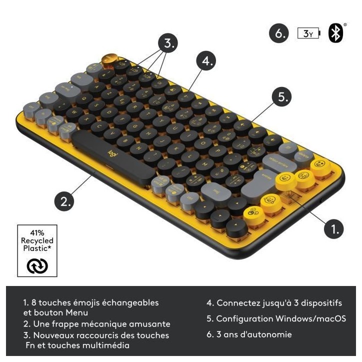 Clavier - Sans fil - Logitech - Pop Keys - AZERTY - Mécanique - Touche Emoji - Jaune Clavier - Sans fil - Logitech - Pop Keys - AZERTY - Mécanique - Touche Emoji - Jaune