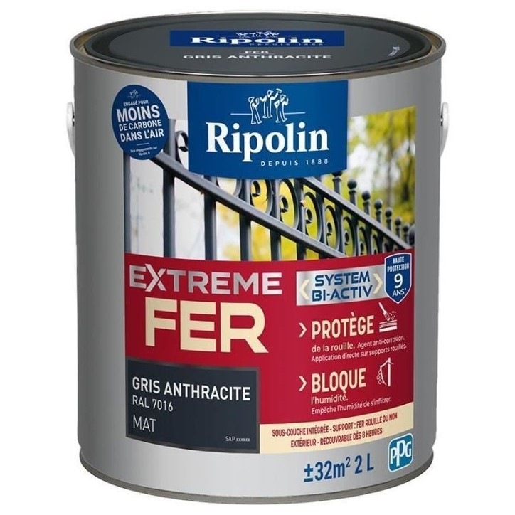 Peinture fer - RIPOLIN - 395988 - Gris anthracite - Mat - 2 L Peinture fer - RIPOLIN - 395988 - Gris anthracite - Mat - 2 L