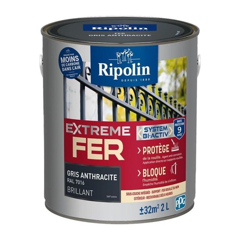 Peinture fer - RIPOLIN - 396704 - Gris anthracite - Brillant - 2 L Peinture fer - RIPOLIN - 396704 - Gris anthracite - Brillant - 2 L