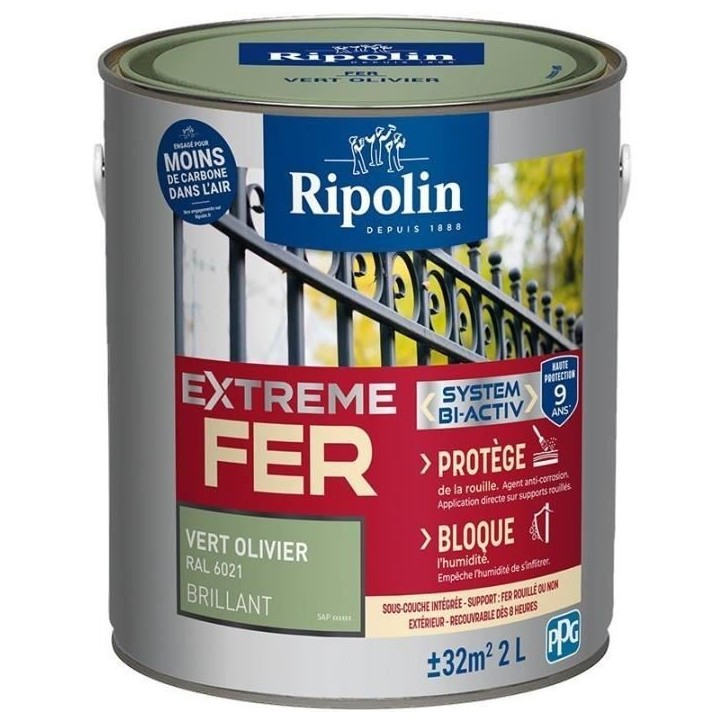 Peinture fer - RIPOLIN - 396707 - Vert olivier - Brillant - 2 L Peinture fer - RIPOLIN - 396707 - Vert olivier - Brillant - 2 L