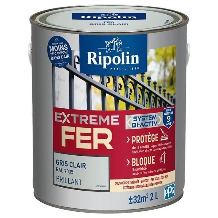 Peinture fer - RIPOLIN - 396709 - Gris clair - Brillant - 2 L Peinture fer - RIPOLIN - 396709 - Gris clair - Brillant - 2 L