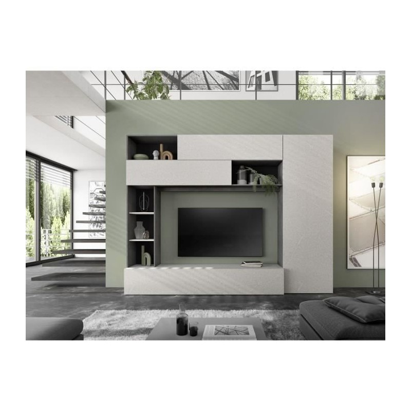Composition murale TV - PRATO - Gris effet pierre - 277 x 40 x 210 cm