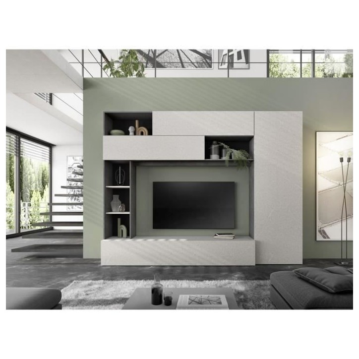 Composition murale TV - PRATO - Gris effet pierre - 277 x 40 x 210 cm Composition murale TV - PRATO - Gris effet pierre - 277 x 40 x 210 cm