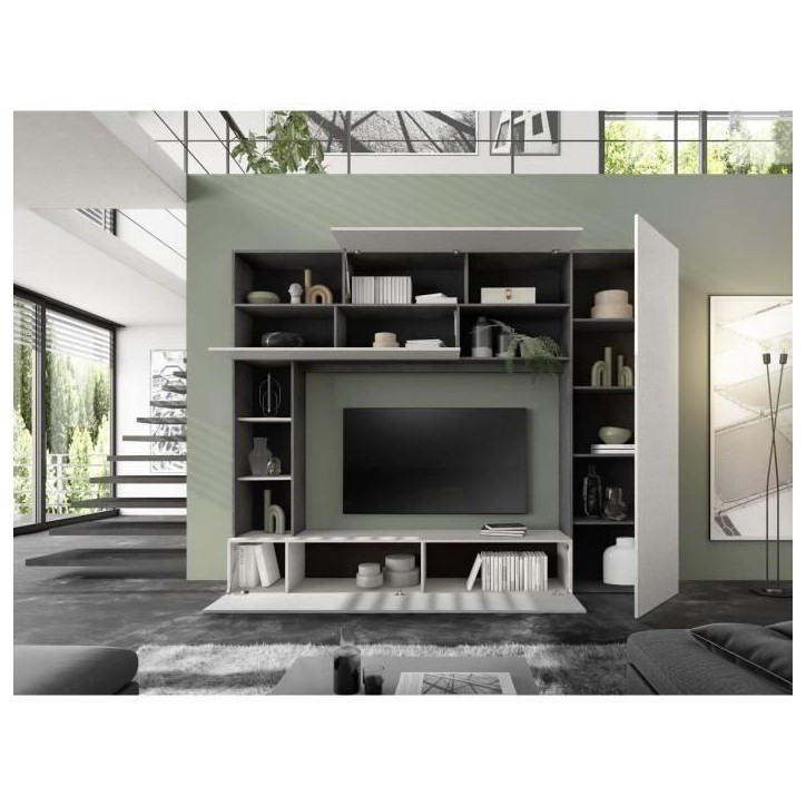 Composition murale TV - PRATO - Gris effet pierre - 277 x 40 x 210 cm Composition murale TV - PRATO - Gris effet pierre - 277 x 40 x 210 cm