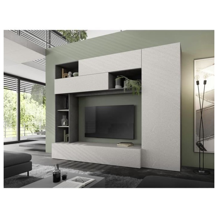 Composition murale TV - PRATO - Gris effet pierre - 277 x 40 x 210 cm Composition murale TV - PRATO - Gris effet pierre - 277 x 40 x 210 cm