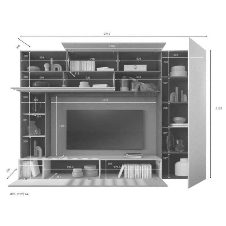 Composition murale TV - PRATO - Gris effet pierre - 277 x 40 x 210 cm Composition murale TV - PRATO - Gris effet pierre - 277 x 40 x 210 cm