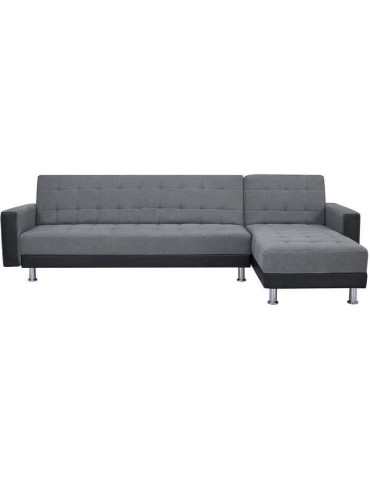 Canapé d'angle 3 places réversible - Tissu gris et simili noir - Pieds en acier - L 277 x P 157 x H 80 cm - IVANA
