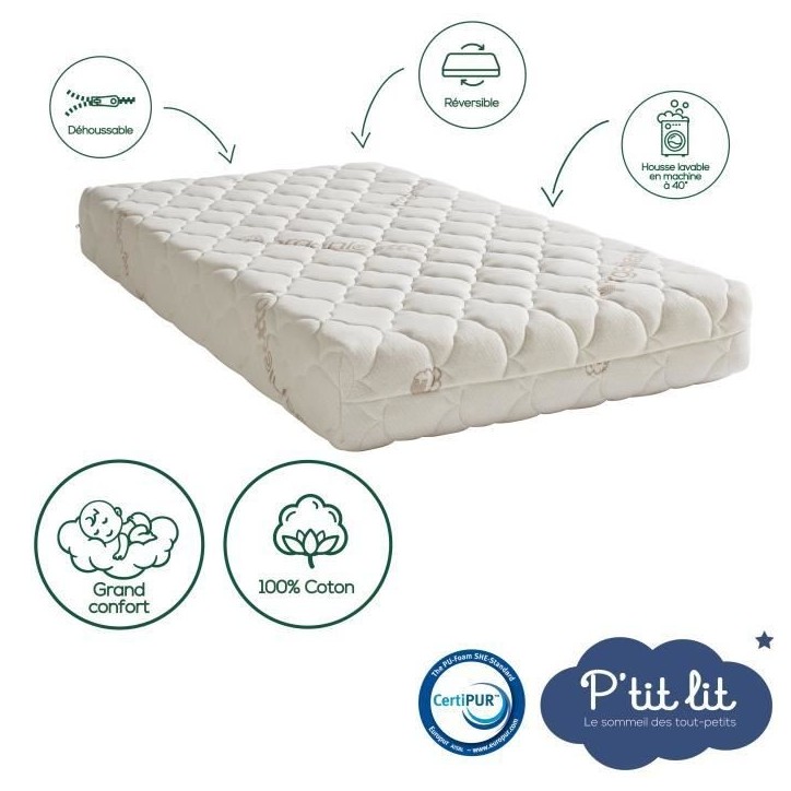 Matelas Bébé Coton Bio - 60x120x10 cm - 100% Coton - Déhoussable - Sans traitement chimique Matelas Bébé Coton Bio - 60x120x10 cm - 100% Coton - Déhoussable - Sans traitement chimique