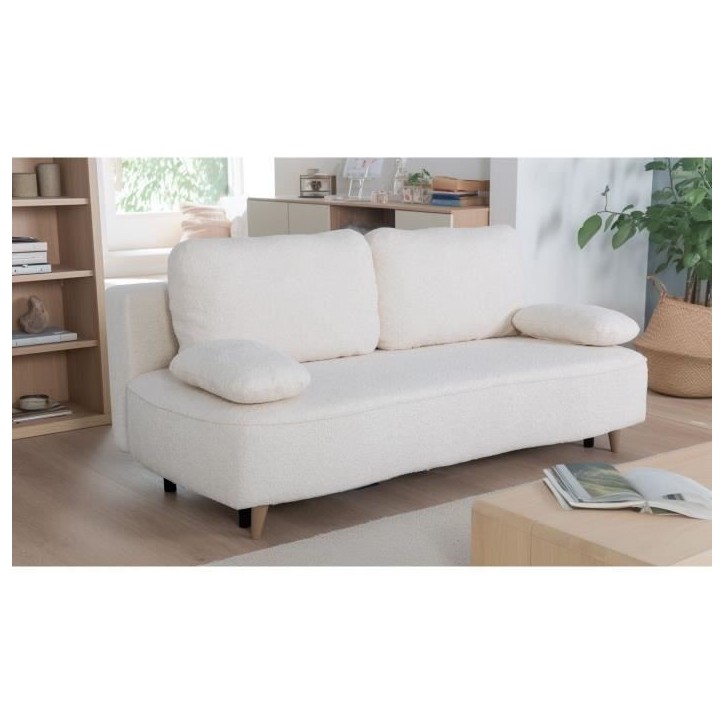 Canapé converible - 3 places - PYLA - Bouclette blanche - Coffre - 203 x 95 x 89 cm Canapé converible - 3 places - PYLA - Bouclette blanche - Coffre - 203 x 95 x 89 cm