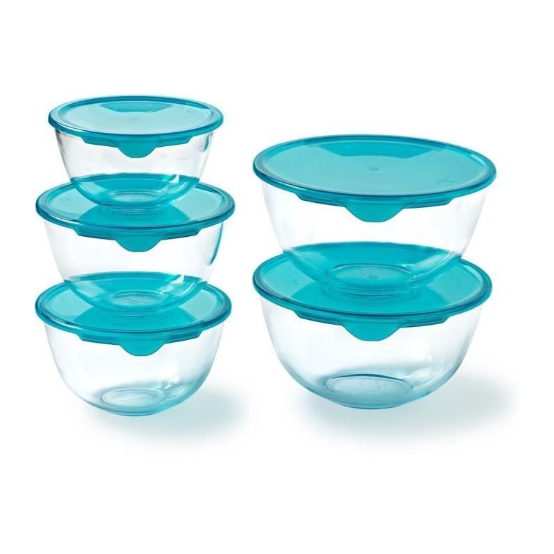 Lot de 5 jattes avec couvercle - PYREX - 1x 0,5L + 2x 1L + 2x 2L Lot de 5 jattes avec couvercle - PYREX - 1x 0,5L + 2x 1L + 2x 2L