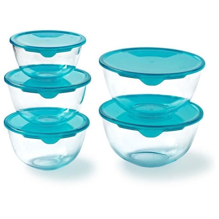 Lot de 5 jattes avec couvercle - PYREX - 1x 0,5L + 2x 1L + 2x 2L Lot de 5 jattes avec couvercle - PYREX - 1x 0,5L + 2x 1L + 2x 2L