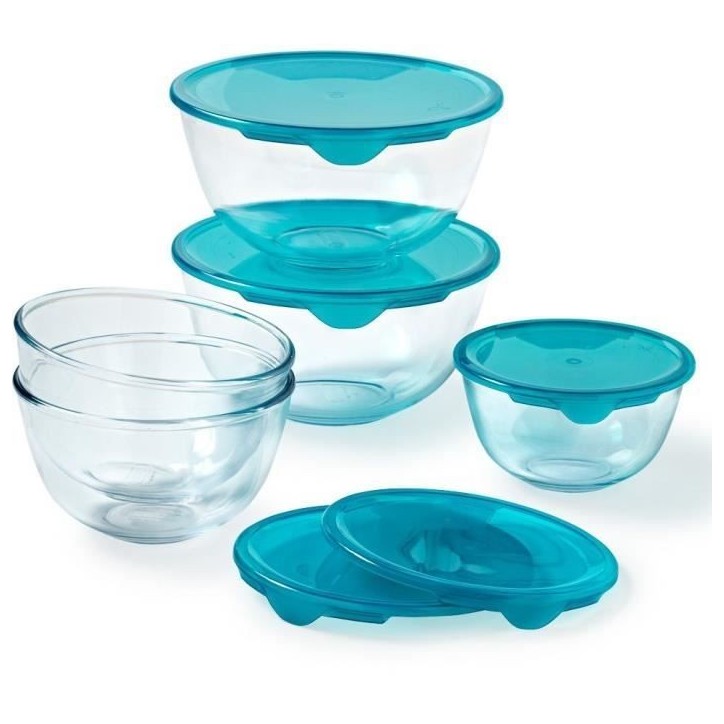 Lot de 5 jattes avec couvercle - PYREX - 1x 0,5L + 2x 1L + 2x 2L Lot de 5 jattes avec couvercle - PYREX - 1x 0,5L + 2x 1L + 2x 2L