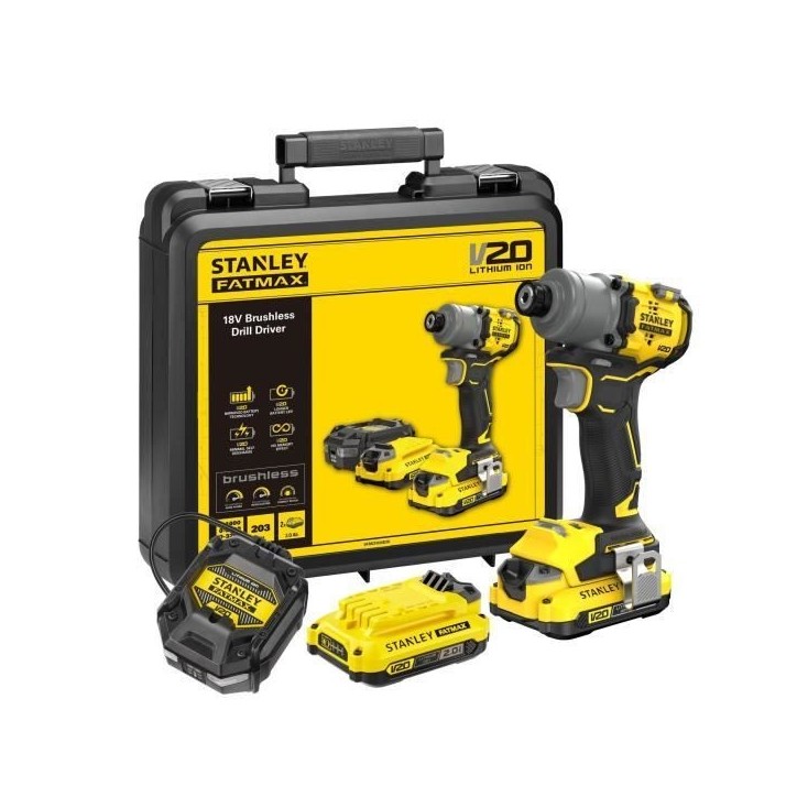 Visseuse a impact sans fil + 2 batteries 2Ah + chargeur - 18V - Stanley Fatmax - Brushless - SFMCF830D2K-QW Visseuse a impact sans fil + 2 batteries 2Ah + chargeur - 18V - Stanley Fatmax - Brushless - SFMCF830D2K-QW