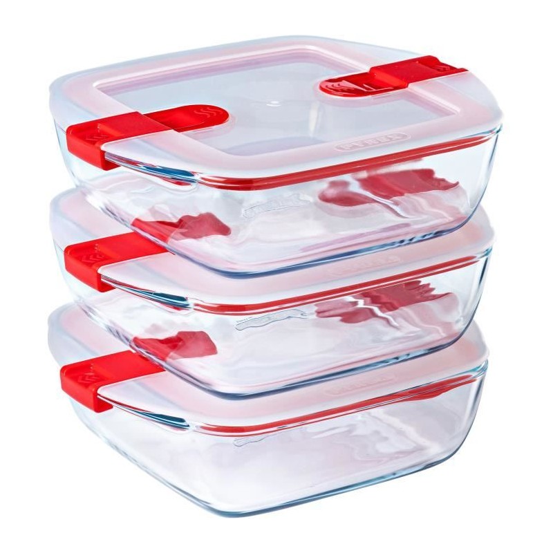 Lot de 3 lunch box - PYREX - Cook & Heat - Verre - Carré - Couvercle Lot de 3 lunch box - PYREX - Cook & Heat - Verre - Carré - Couvercle