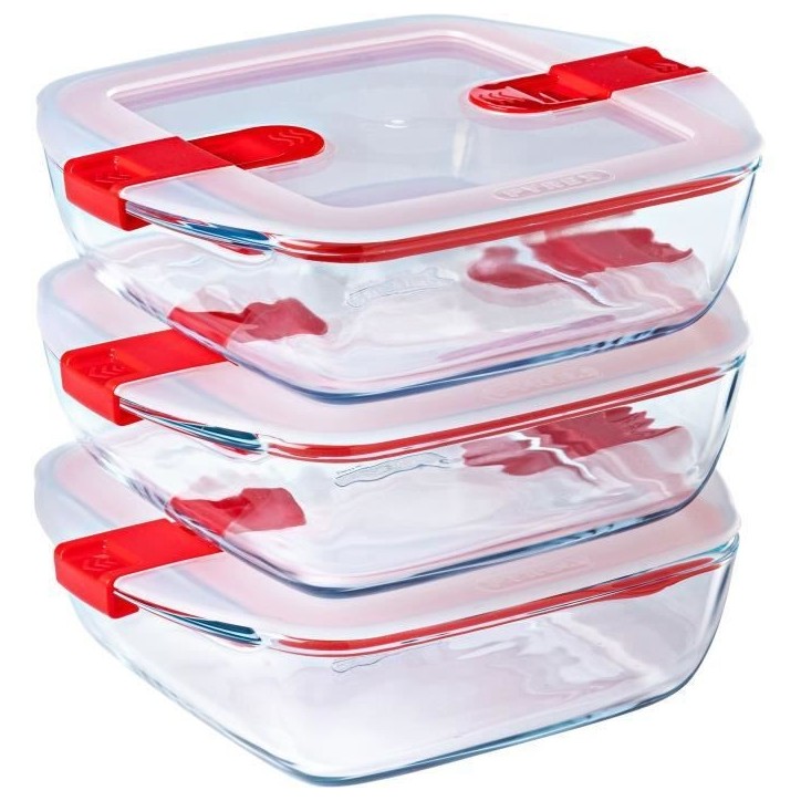 Lot de 3 lunch box - PYREX - Cook & Heat - Verre - Carré - Couvercle a valves vapeur spécial micro-onde - 1 L Lot de 3 lunch box - PYREX - Cook & Heat - Verre - Carré - Couvercle a valves vapeur spécial micro-onde - 1 L