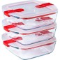 Lot de 3 lunch box - PYREX - Cook & Heat - Verre - Carré - Couvercle a valves vapeur spécial micro-onde - 1 L Lot de 3 lunch box - PYREX - Cook & Heat - Verre - Carré - Couvercle a valves vapeur spécial micro-onde - 1 L