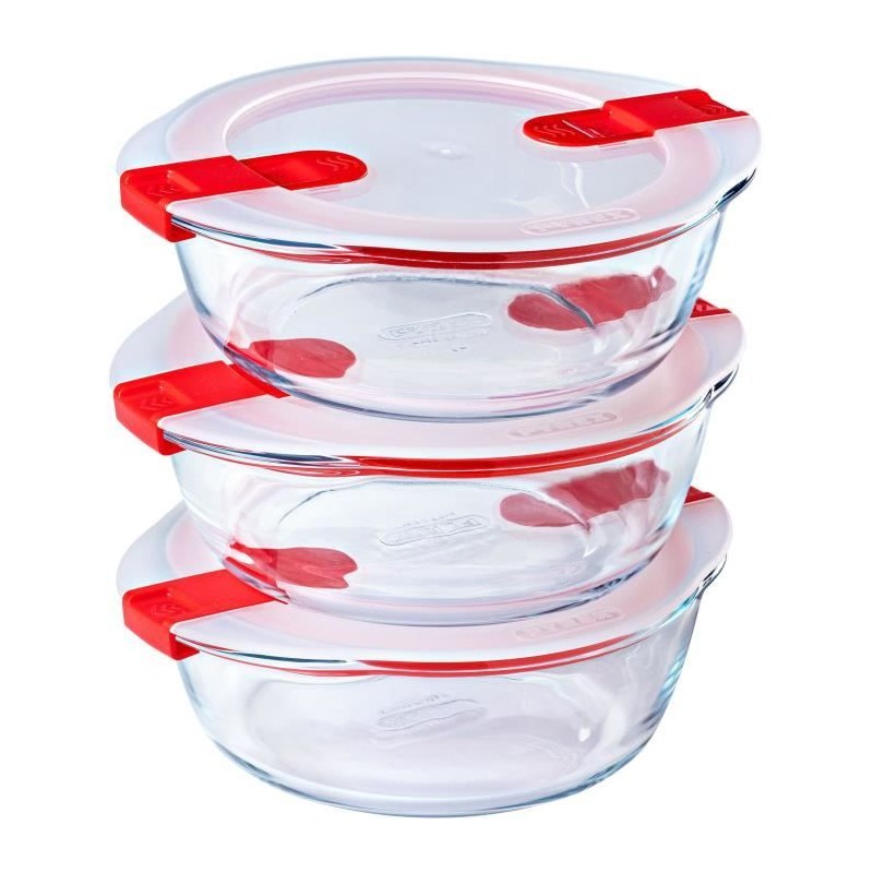 Lot de 3 lunch box - PYREX - Cook & Heat - Verre - Rond - Couvercle a Lot de 3 lunch box - PYREX - Cook & Heat - Verre - Rond - Couvercle a