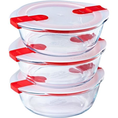 Lot de 3 lunch box - PYREX - Cook & Heat - Verre - Rond - Couvercle a