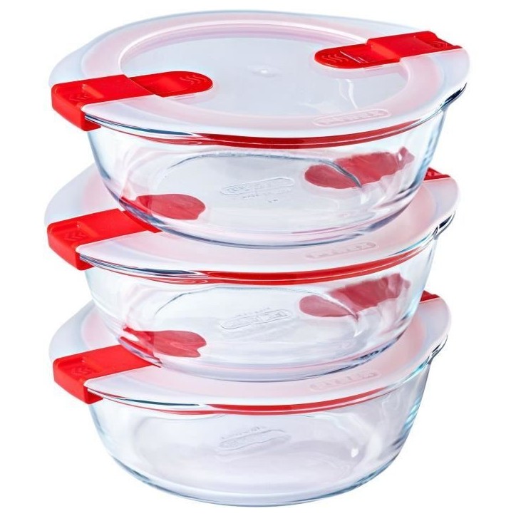 Lot de 3 lunch box - PYREX - Cook & Heat - Verre - Rond - Couvercle a valves vapeur spécial micro-onde - 1,1 L Lot de 3 lunch box - PYREX - Cook & Heat - Verre - Rond - Couvercle a valves vapeur spécial micro-onde - 1,1 L