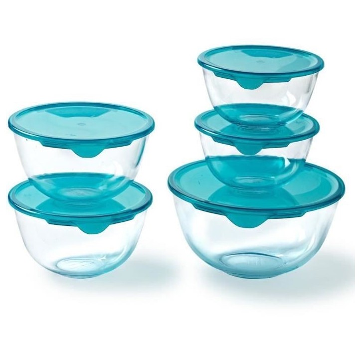 Lot de 5 jattes avec couvercle - PYREX - 2x 0,5L + 1x 1L + 2x 2L Lot de 5 jattes avec couvercle - PYREX - 2x 0,5L + 1x 1L + 2x 2L