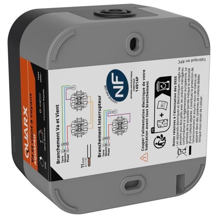 Interrupteur Va et vient - QUARX - Aqua Pro - Extérieur, voyant lumineux, IP55, 250V Interrupteur Va et vient - QUARX - Aqua Pro - Extérieur, voyant lumineux, IP55, 250V