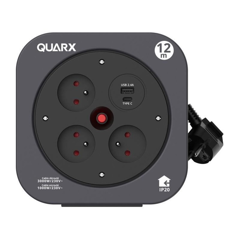 Enrouleur - QUARX - S-Box - 12m, 3 prises 16A, USB Type A et C