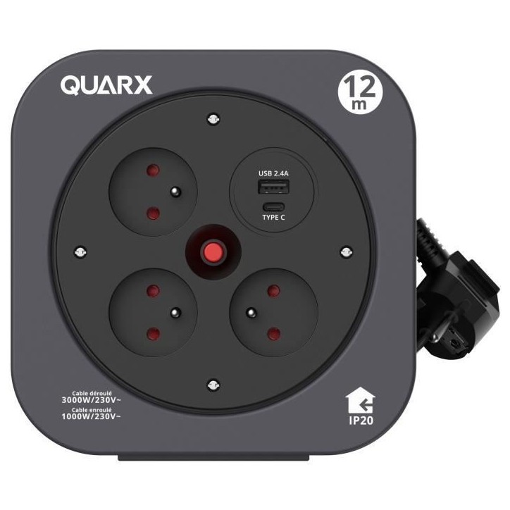 Enrouleur - QUARX - S-Box - 12m, 3 prises 16A, USB Type A et C