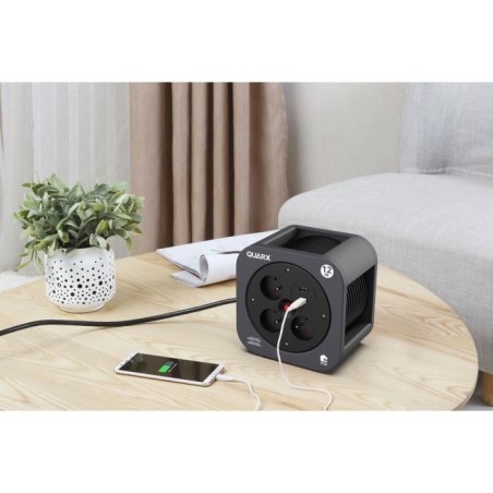 Enrouleur - QUARX - S-Box - 12m, 3 prises 16A, USB Type A et C