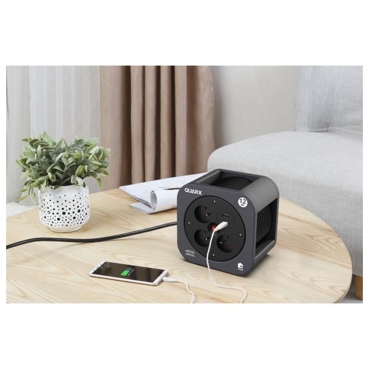 Enrouleur - QUARX - S-Box - 12m, 3 prises 16A, USB Type A et C