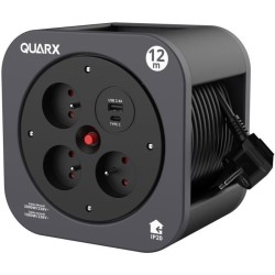 Enrouleur - QUARX - S-Box - 12m, 3 prises 16A, USB Type A et C