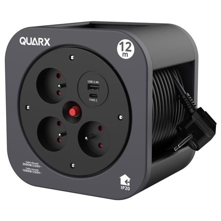 Enrouleur - QUARX - S-Box - 12m, 3 prises 16A, USB Type A et C