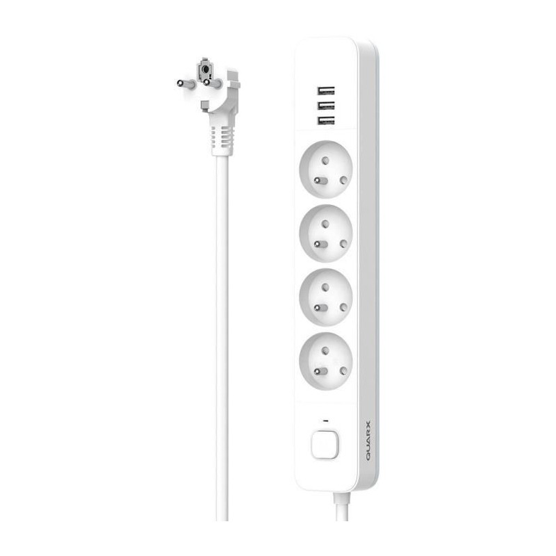 Multiprise - QUARX - 4 prises - Avec 3 ports USB, câble 1,5m Multiprise - QUARX - 4 prises - Avec 3 ports USB, câble 1,5m