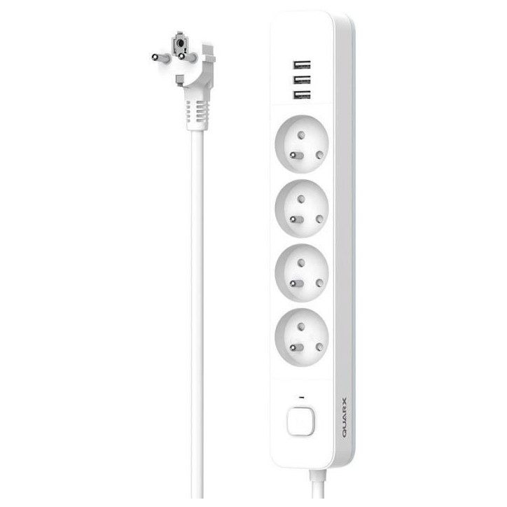 Multiprise - QUARX - 4 prises - Avec 3 ports USB, câble 1,5m