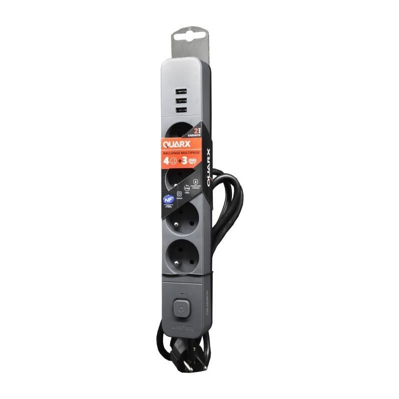 Multiprise - QUARX - 4 prises - Avec 3 ports USB, câble 3m Multiprise - QUARX - 4 prises - Avec 3 ports USB, câble 3m