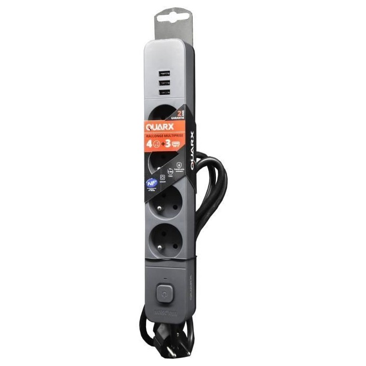 Multiprise - QUARX - 4 prises - Avec 3 ports USB, câble 3m