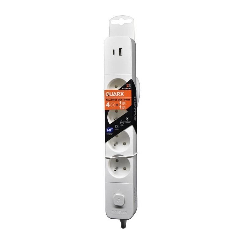 Multiprise - QUARX - 4 prises - Avec USB Type C et USB A, câble 1,5m Multiprise - QUARX - 4 prises - Avec USB Type C et USB A, câble 1,5m
