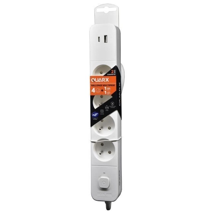 Multiprise - QUARX - 4 prises - Avec USB Type C et USB A, câble 1,5m Multiprise - QUARX - 4 prises - Avec USB Type C et USB A, câble 1,5m
