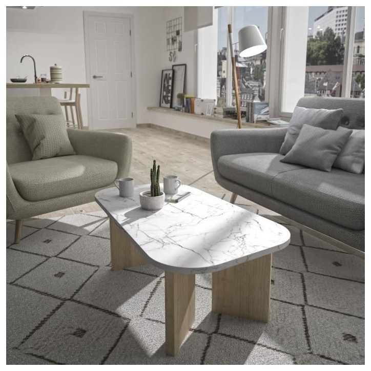 Table basse ovale - QUARTZ - Blanc effet marbre - Pieds épais en chene - 105 x 58 x 39 cm - DIAGONE Table basse ovale - QUARTZ - Blanc effet marbre - Pieds épais en chene - 105 x 58 x 39 cm - DIAGONE