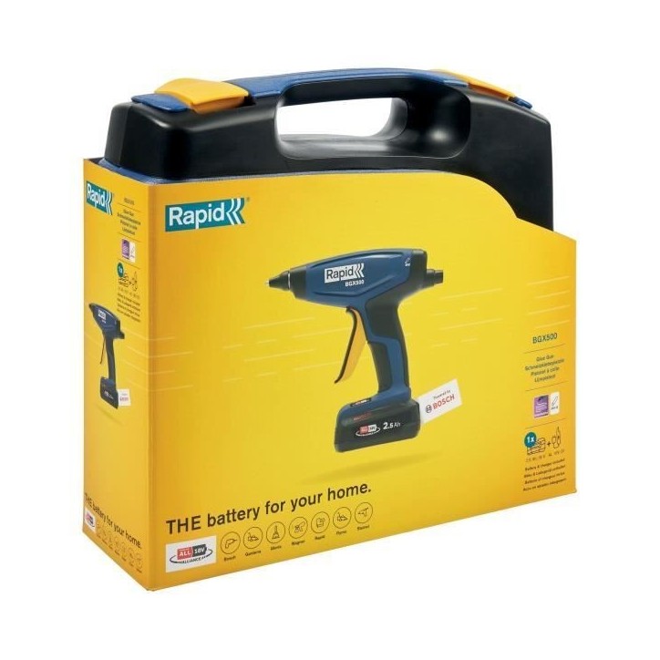 RAPID - BGX500 - Pistolet a colle a batterie 18V 900g/h - Pour colle chaude Ø12mm - Coffret (Boîte + batterie + chargeur) - 50 RAPID - BGX500 - Pistolet a colle a batterie 18V 900g/h - Pour colle chaude Ø12mm - Coffret (Boîte + batterie + chargeur) - 50